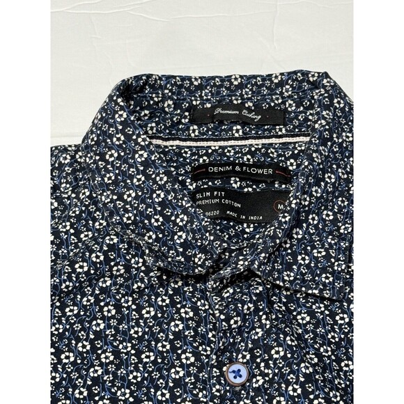 Denim & Flower Button Down Shirt Men's M‎ Short Sleeve Blue Floral Slim Fit - Picture 6 of 16